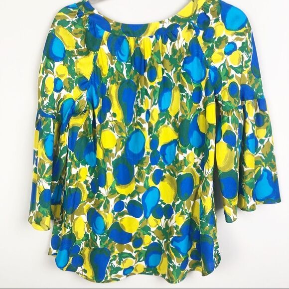 REBECCA TAYLOR | 100% Silk Bell Sleeve Lemon Fruit Print Blouse Women’s Size 8 - Picture 7 of 8